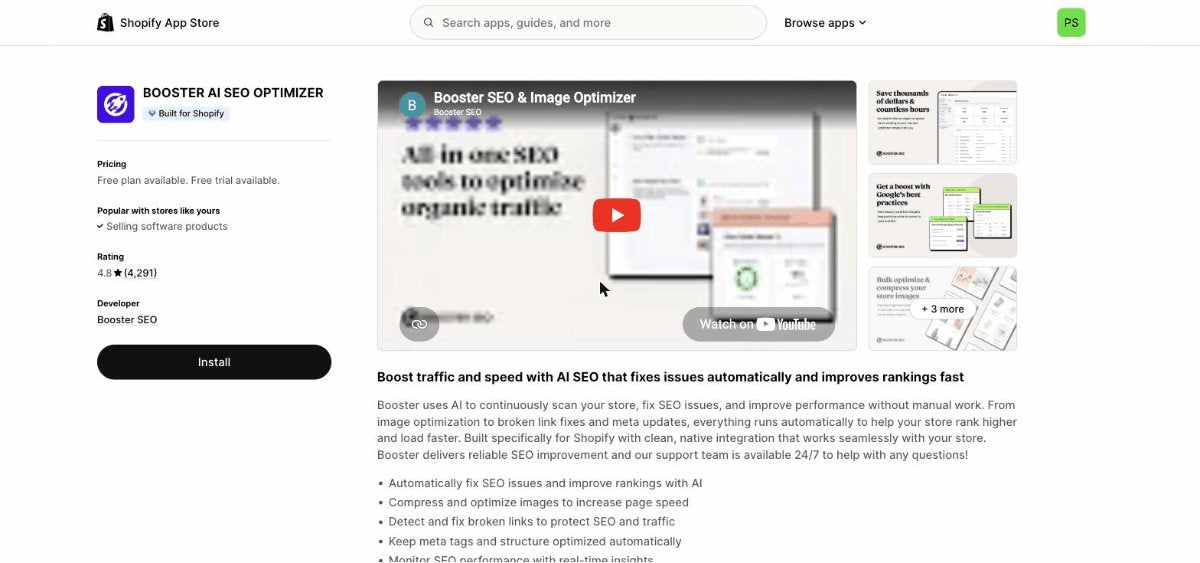 Booster AI SEO Optimizer app on Shopify App Store - 4.8 rating