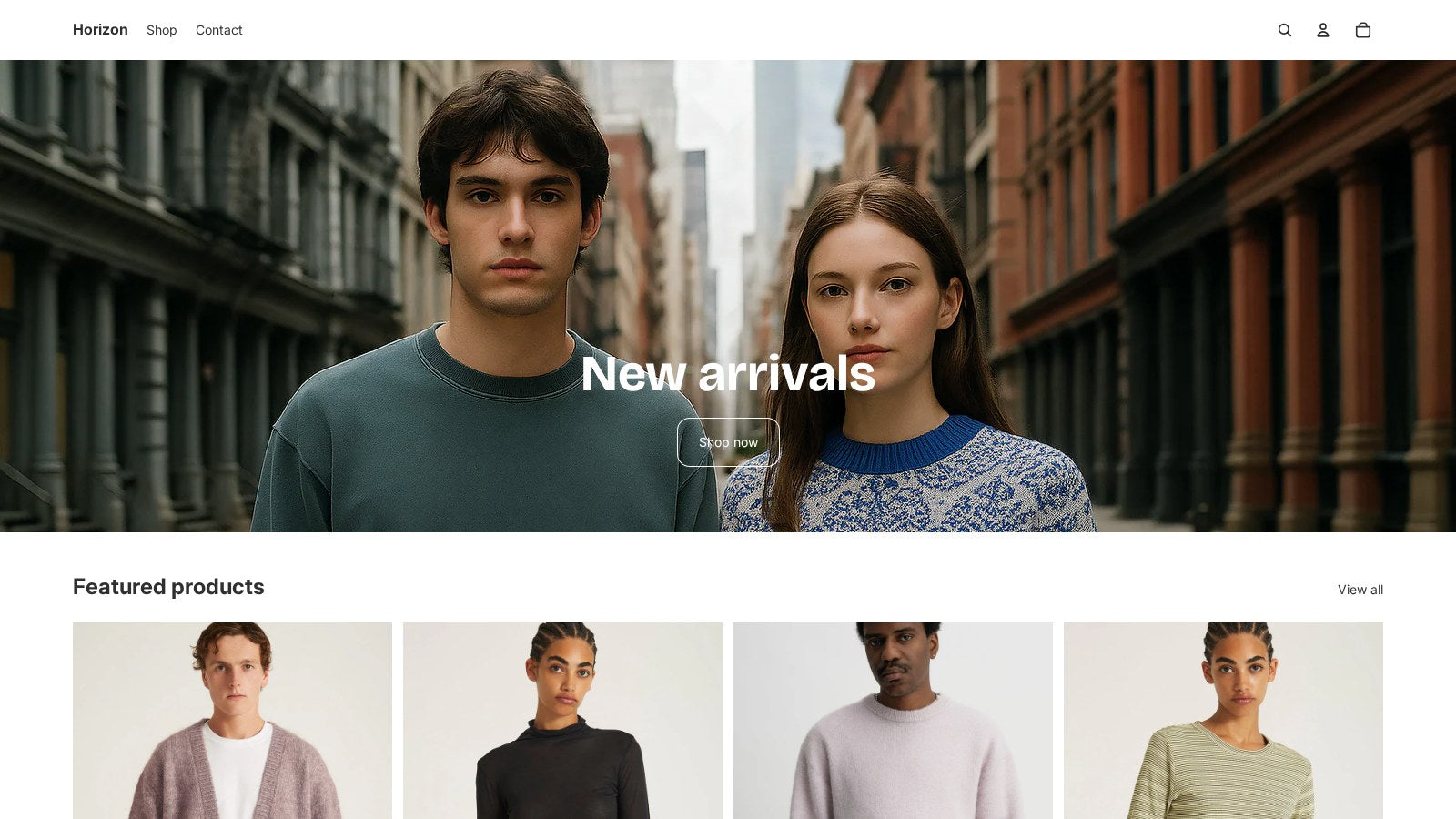 Shopify Horizon theme demo storefront homepage with full-width hero image and featured products grid
