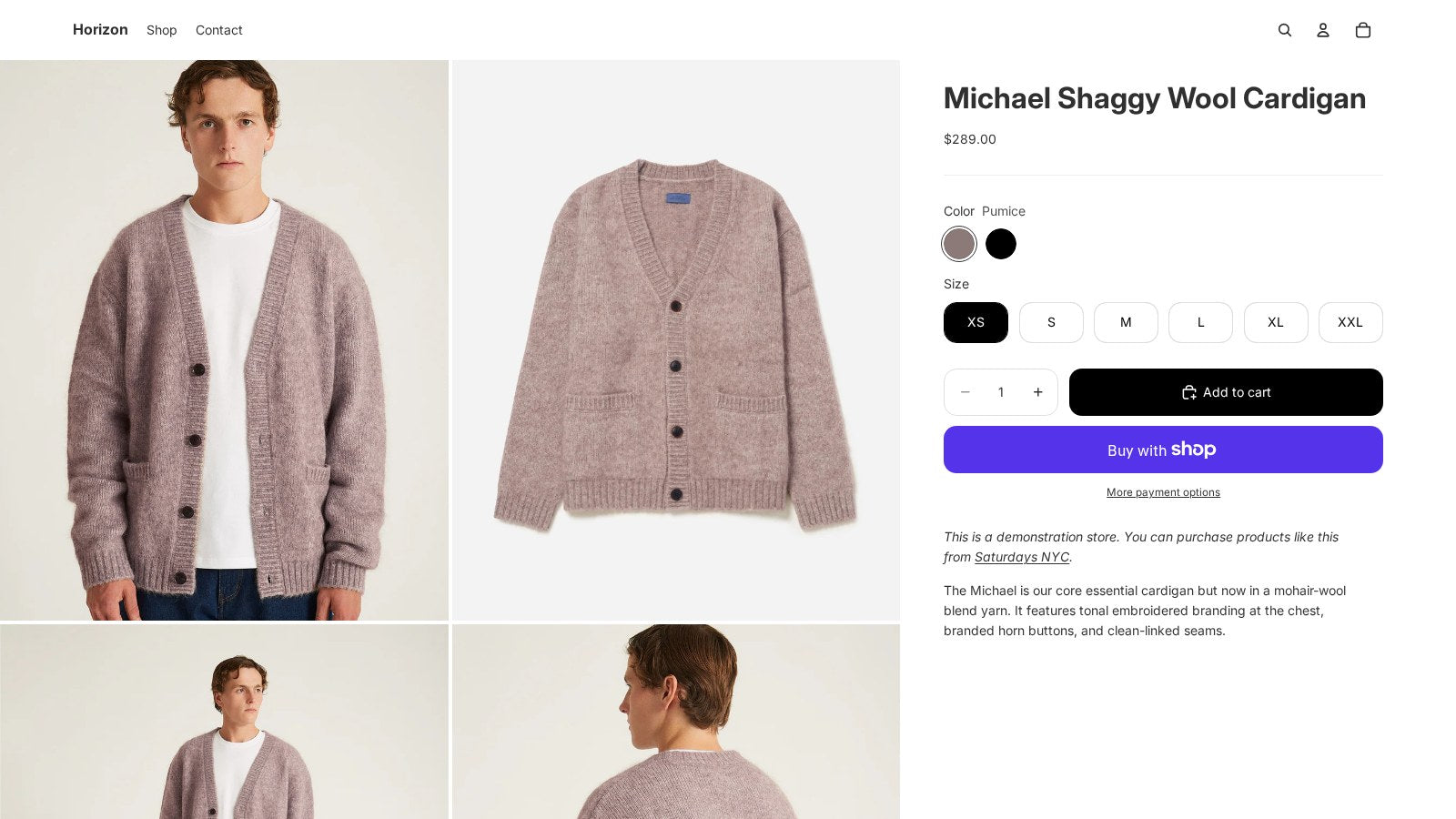 Product page on the Shopify Horizon theme demo store showing variant swatches, quick add to cart and Buy with Shop Pay