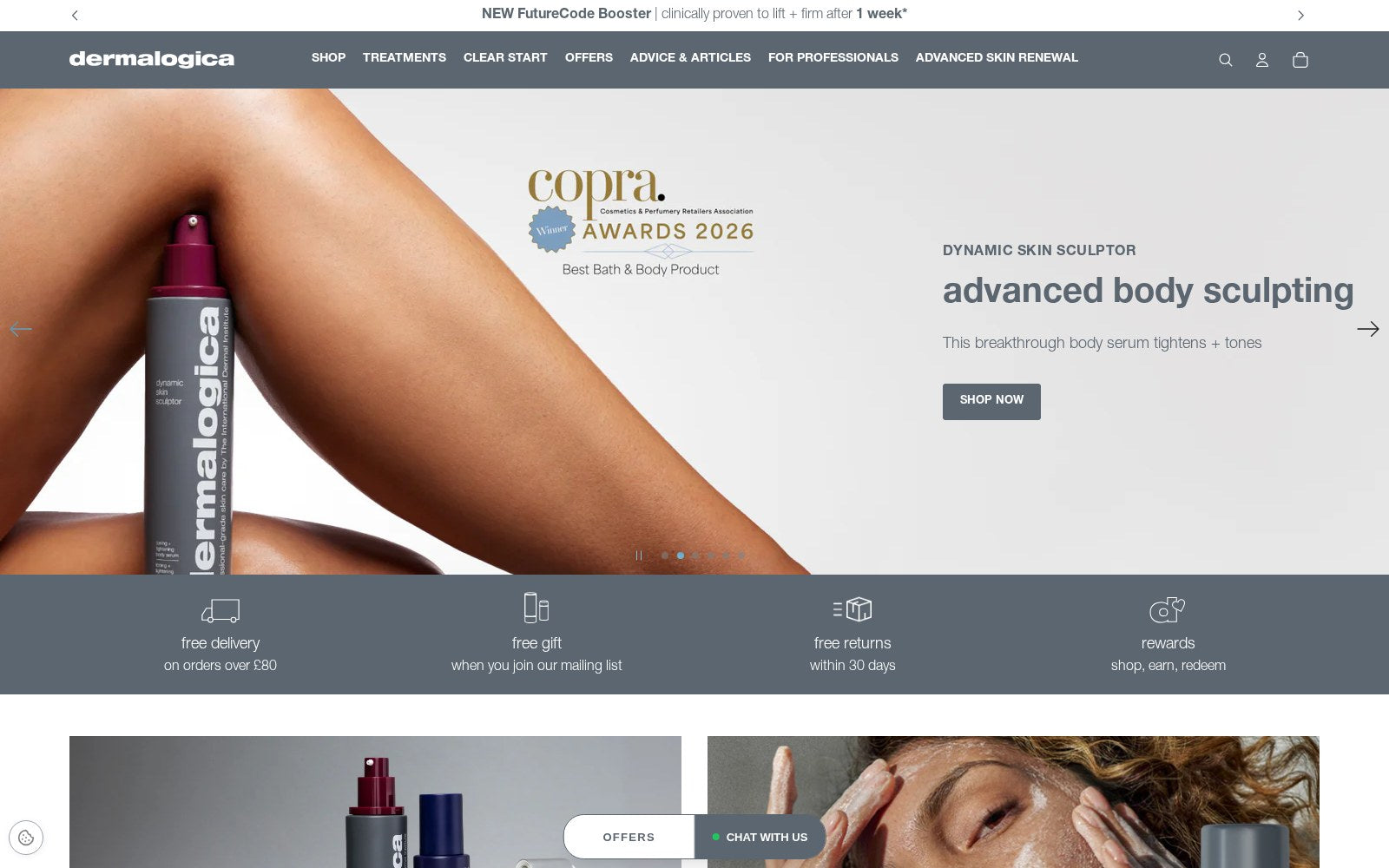 Dermalogica UK homepage running the Shopify Horizon theme with mega menu navigation and full-width campaign hero