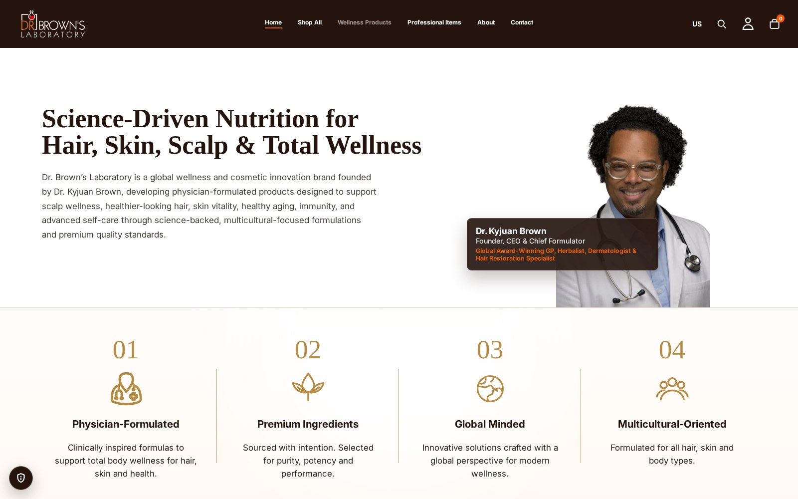 Dr. Brown's Lab homepage on the Shopify Horizon theme with editorial founder story and numbered brand pillars
