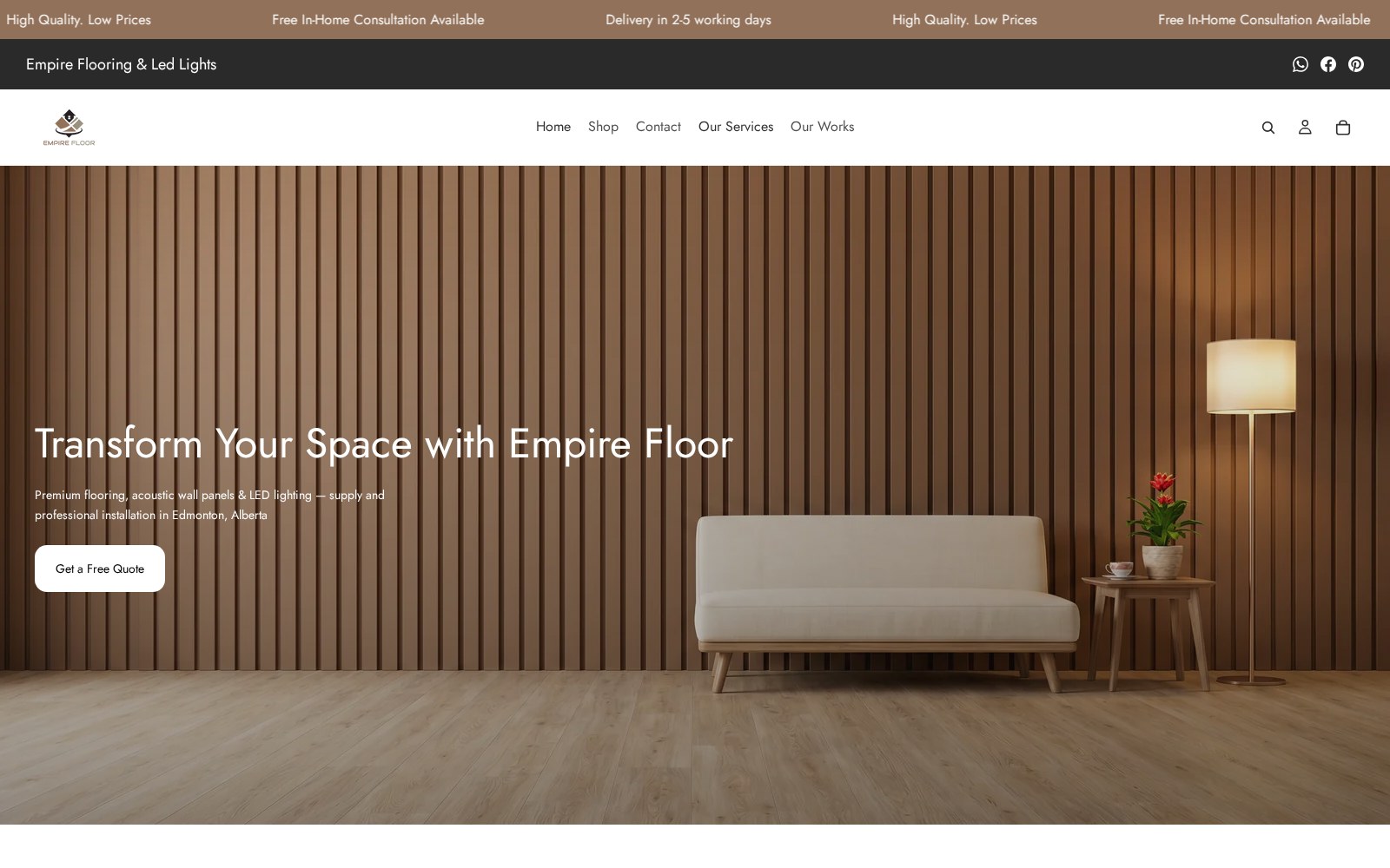 Empire Floor homepage on the Shopify Horizon theme with full-bleed hero and Get a Free Quote call to action