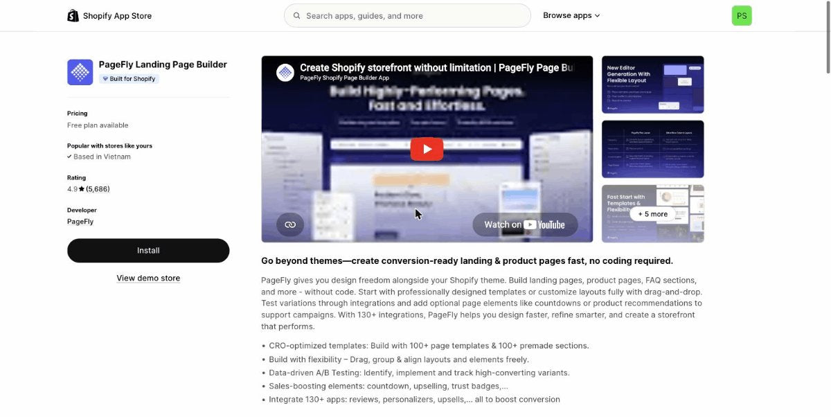PageFly Landing Page Builder on Shopify App Store — 4.9 rating, 5,686 reviews (Jun 2026)