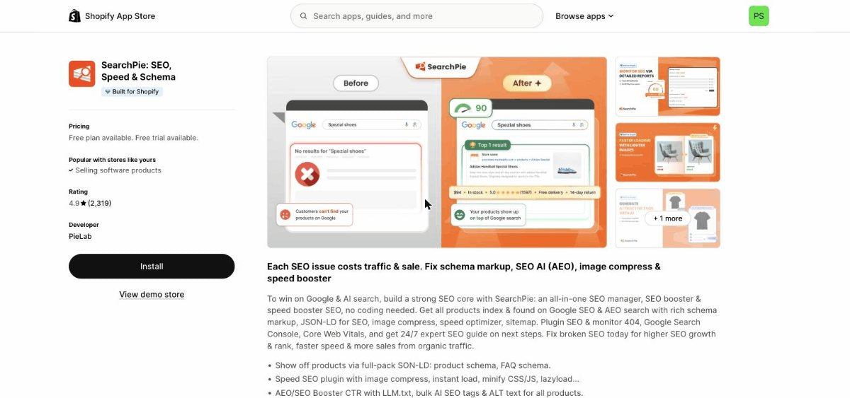 SearchPie SEO Speed and Schema app on Shopify App Store - 4.9 rating