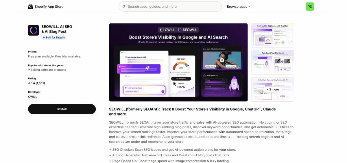 SEOWILL AI SEO app (formerly SEOAnt) on Shopify App Store - 4.8 rating