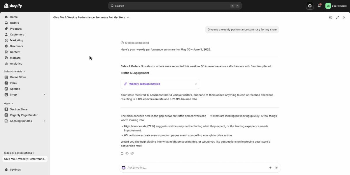 Shopify Sidekick weekly performance summary with real store data