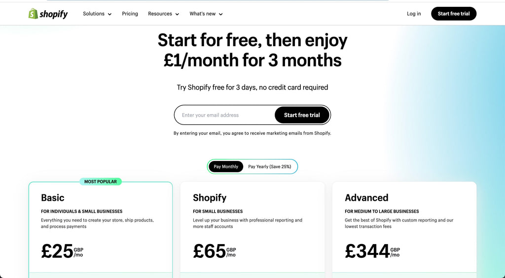 Shopify £1 per month for 3 months — UK pricing