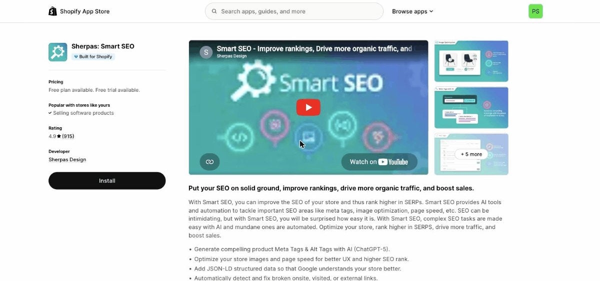Sherpas Smart SEO app on Shopify App Store - 4.9 rating