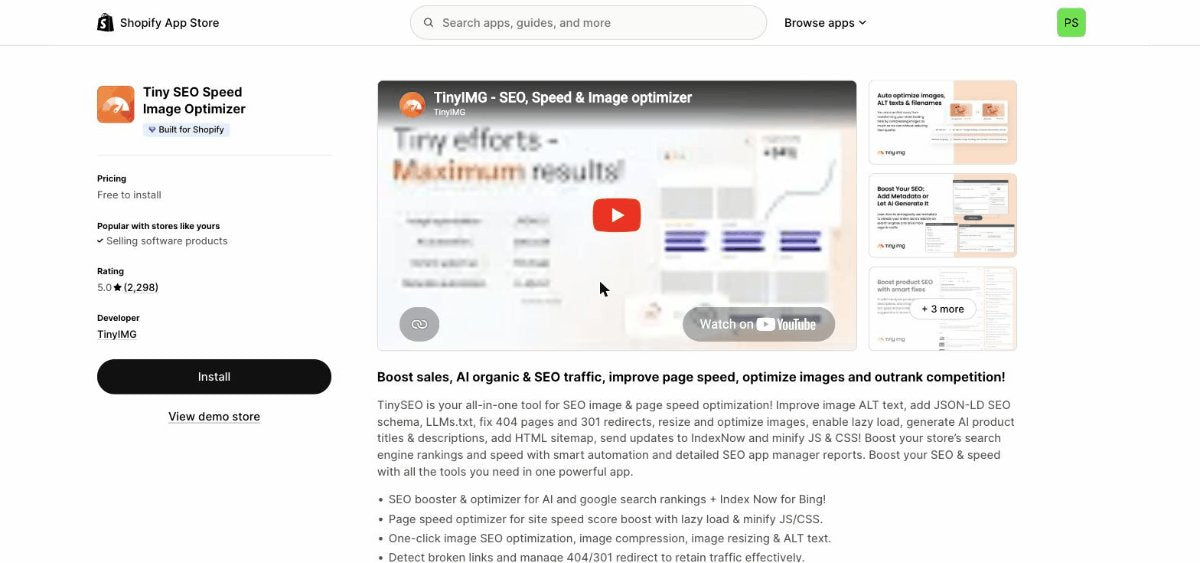 Tiny SEO Speed Image Optimizer (TinyIMG) on Shopify App Store - 5.0 rating