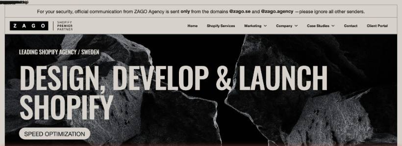 ZAGO Sweden Shopify agency homepage — Design, Develop & Launch Shopify