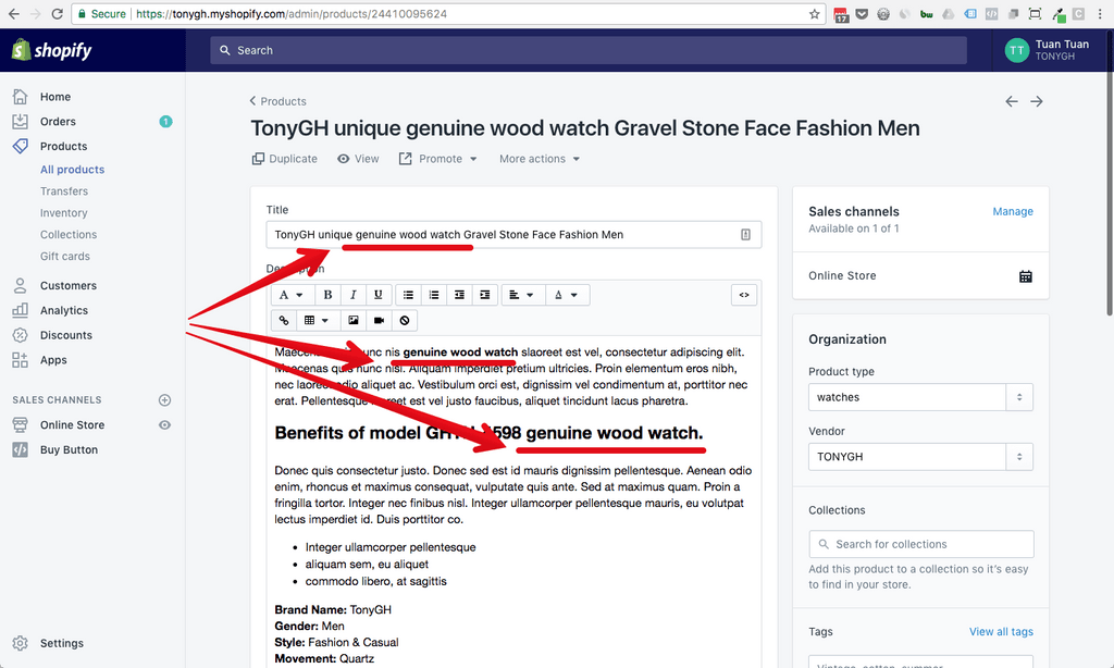 Optimize keywords in Shopify product page title and description settings