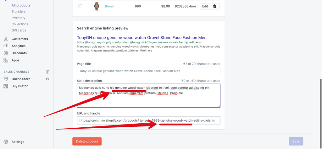 Shopify product page URL structure and meta description settings