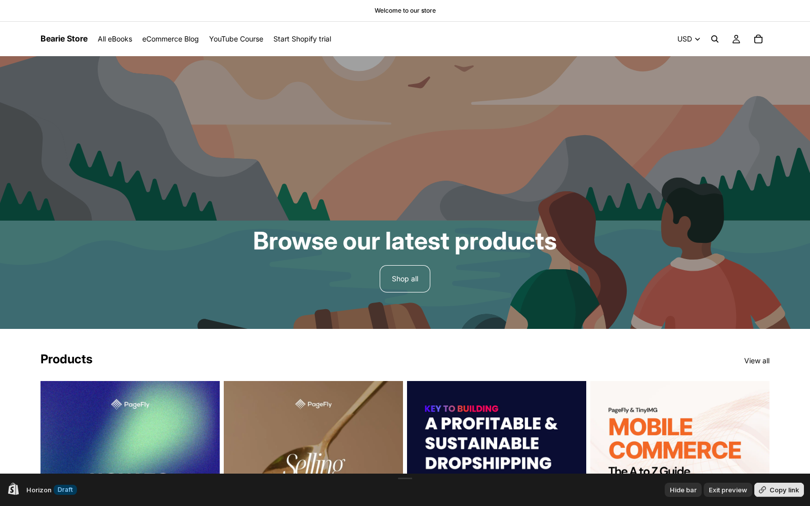 Horizon theme draft rendered on beariestore.com homepage with real PageFly eBook products, Shopify preview bar showing Horizon Draft