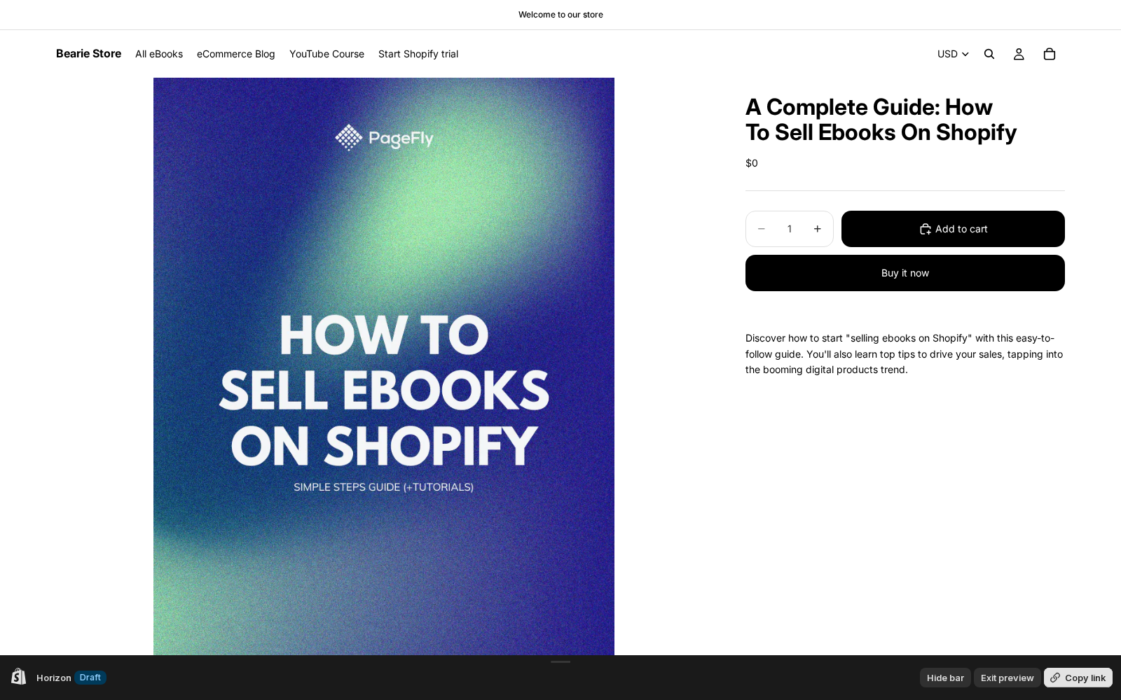 Horizon theme draft product page on beariestore.com showing Add to cart and Buy it now layout with a real product