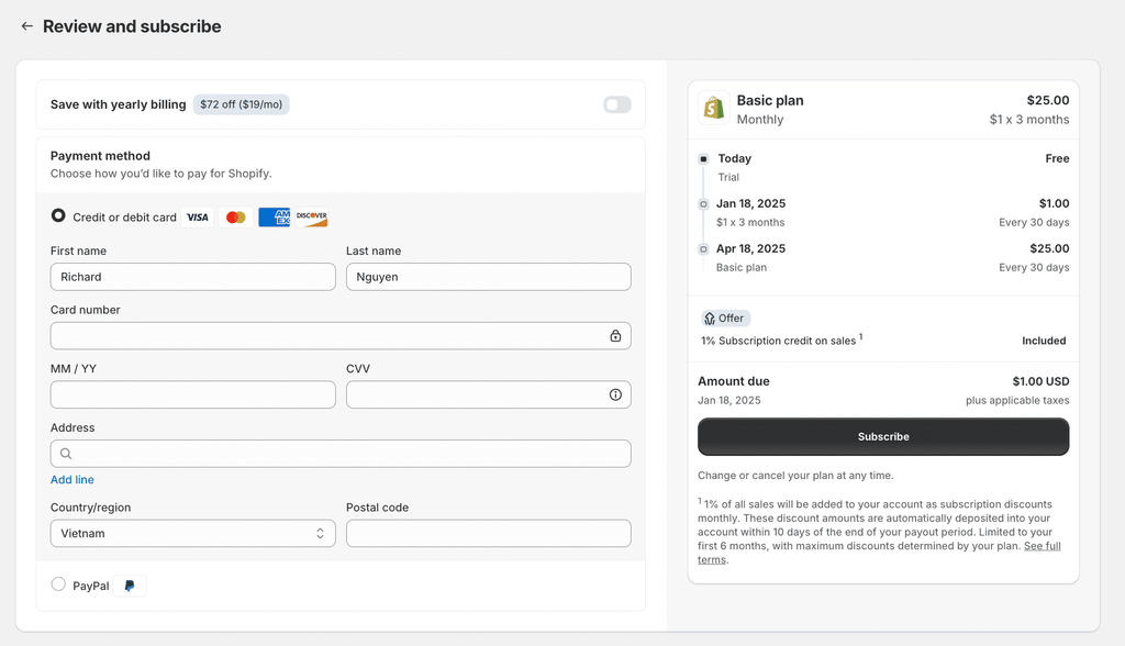 Shopify billing confirmation page