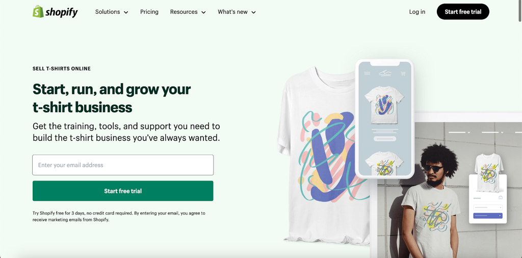 shopify's landing page targeting t-shirt business