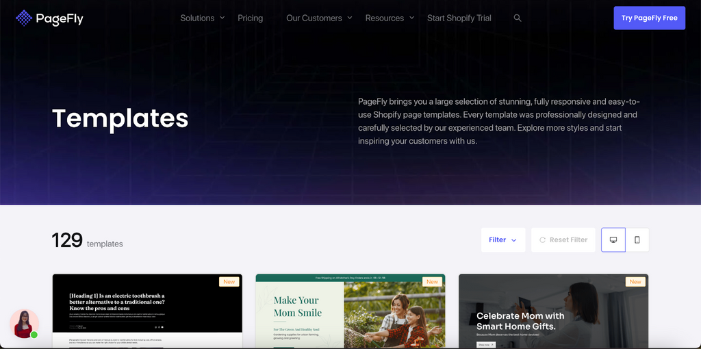 PageFly's library of conversion-tested Shopify landing page templates shown in a grid