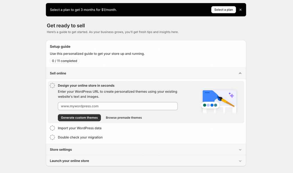 Shopify dashboard — get 3 months for $1/month