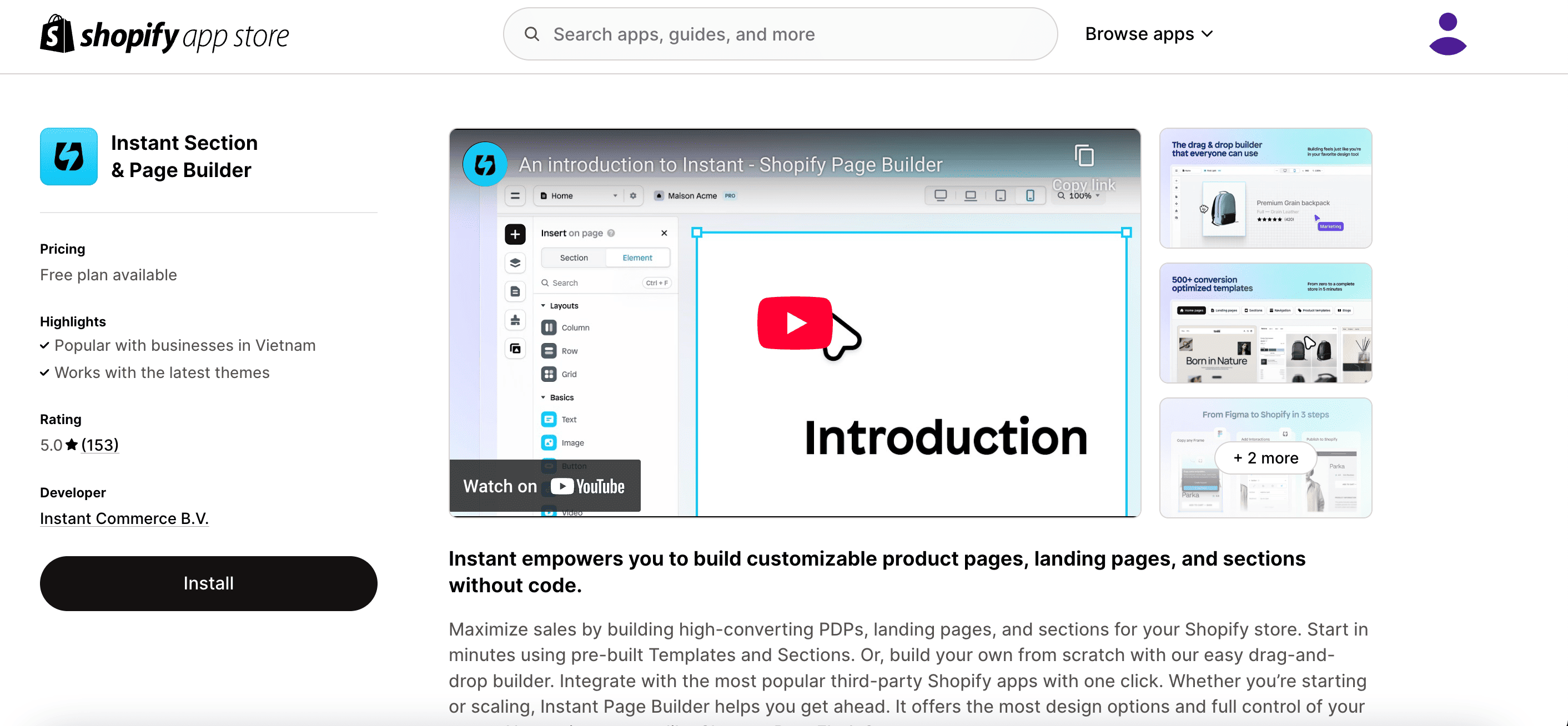 Instant landing page builder