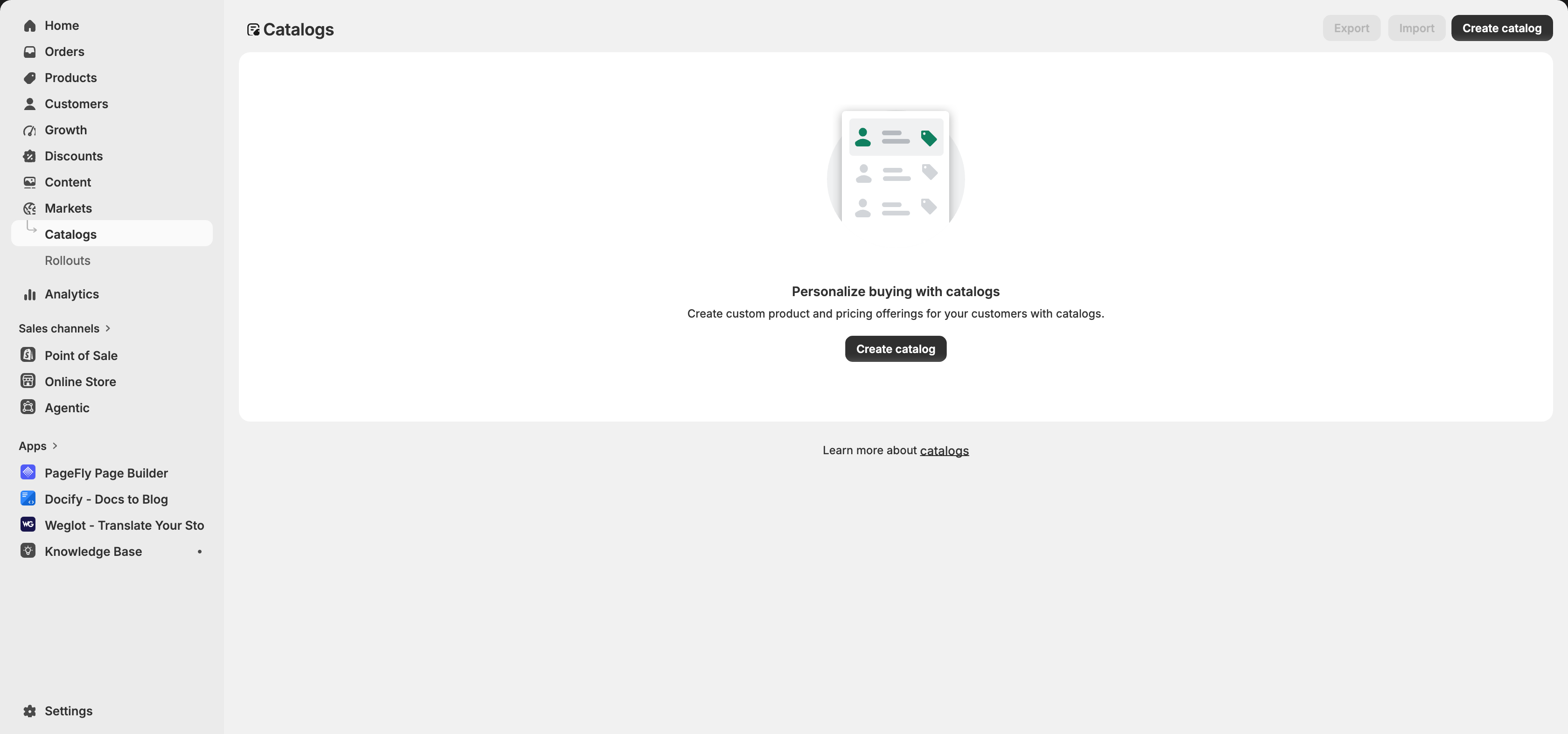 Shopify admin with the left navigation — Markets then Catalogs, where you click Create catalog. Tested first-hand by PageFly