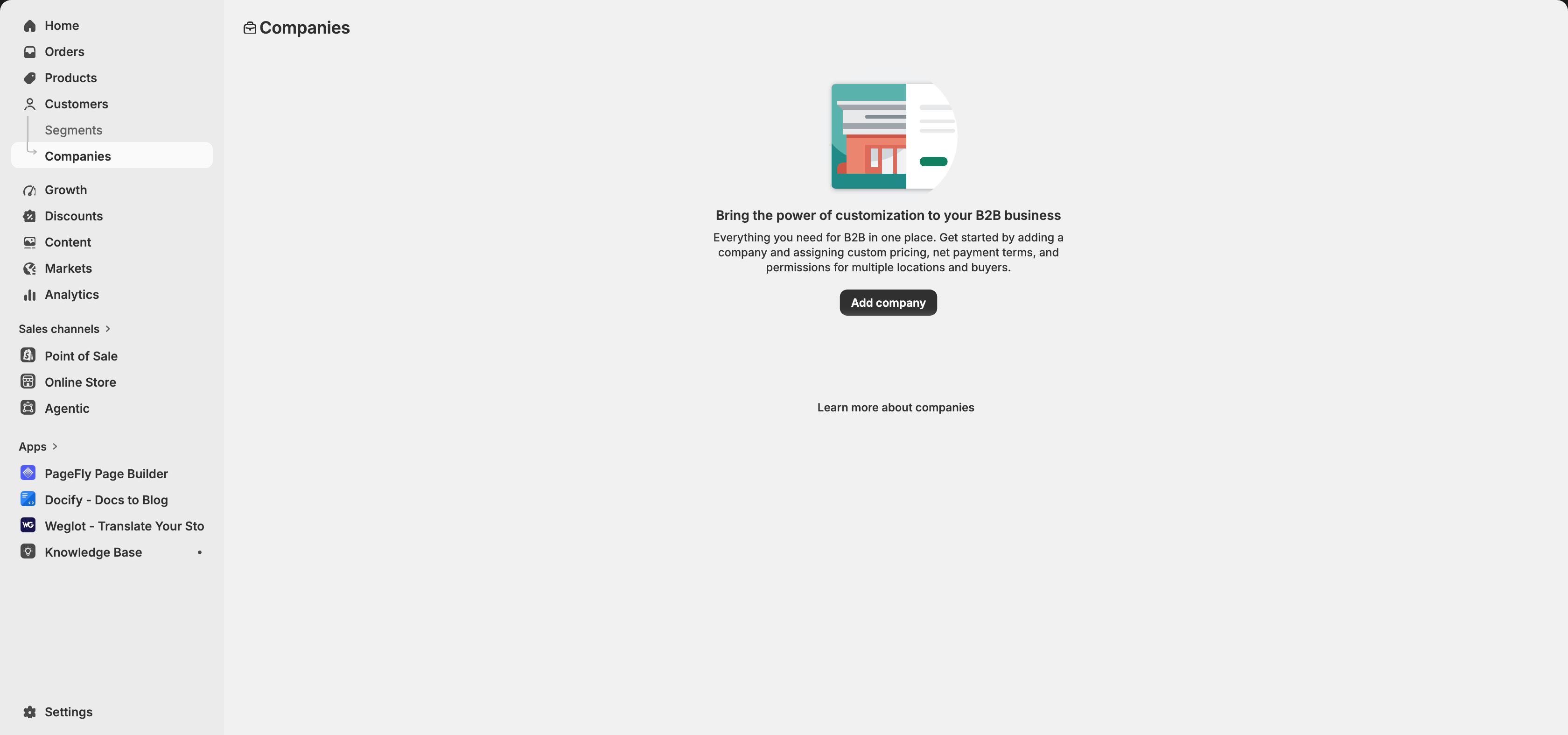 Shopify admin with the left navigation — Customers then Companies, where you add a B2B company and location. Tested first-hand by PageFly