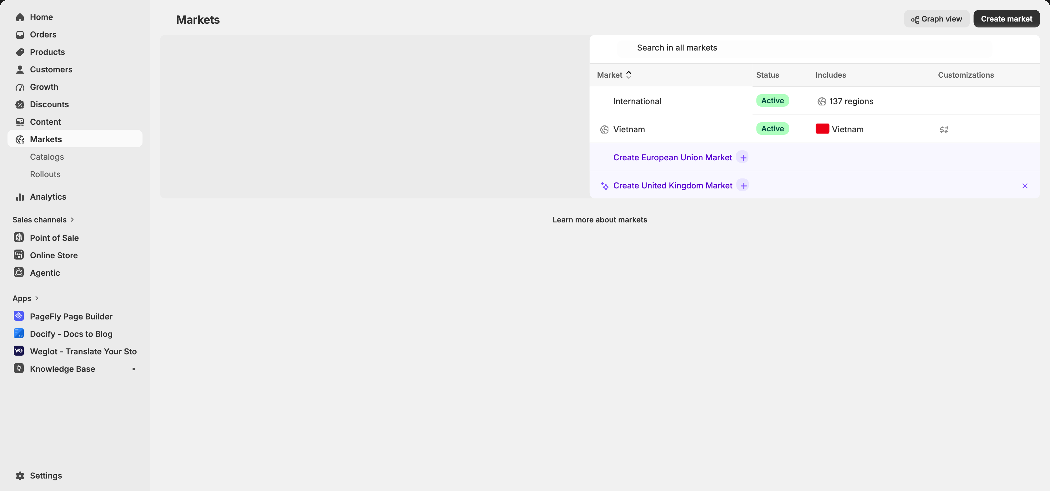 Shopify admin with the left navigation — Settings then Markets, where you add a B2B market. Tested first-hand by PageFly